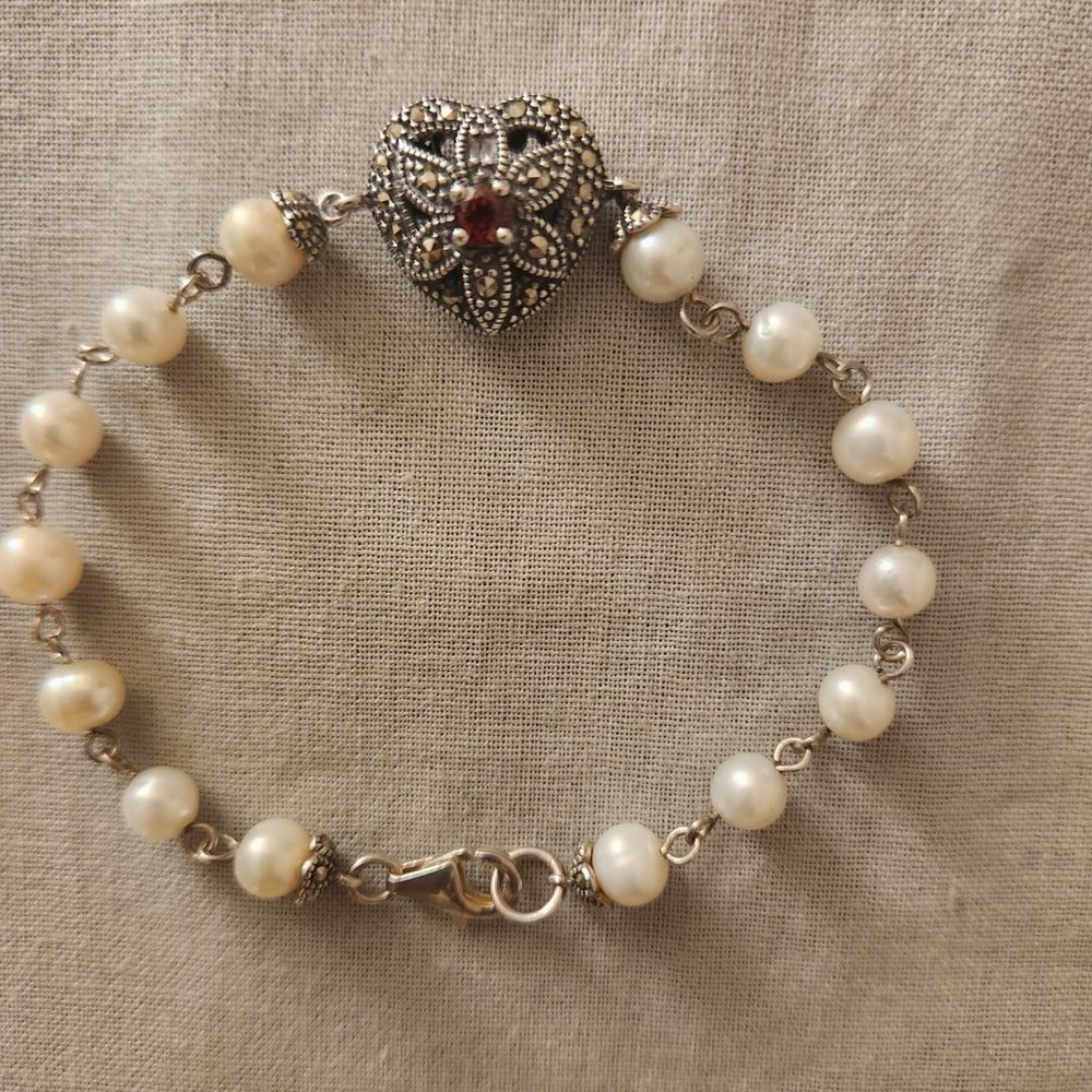 Sterling Silver, Pearl and Garnet "Heart" Bracelet